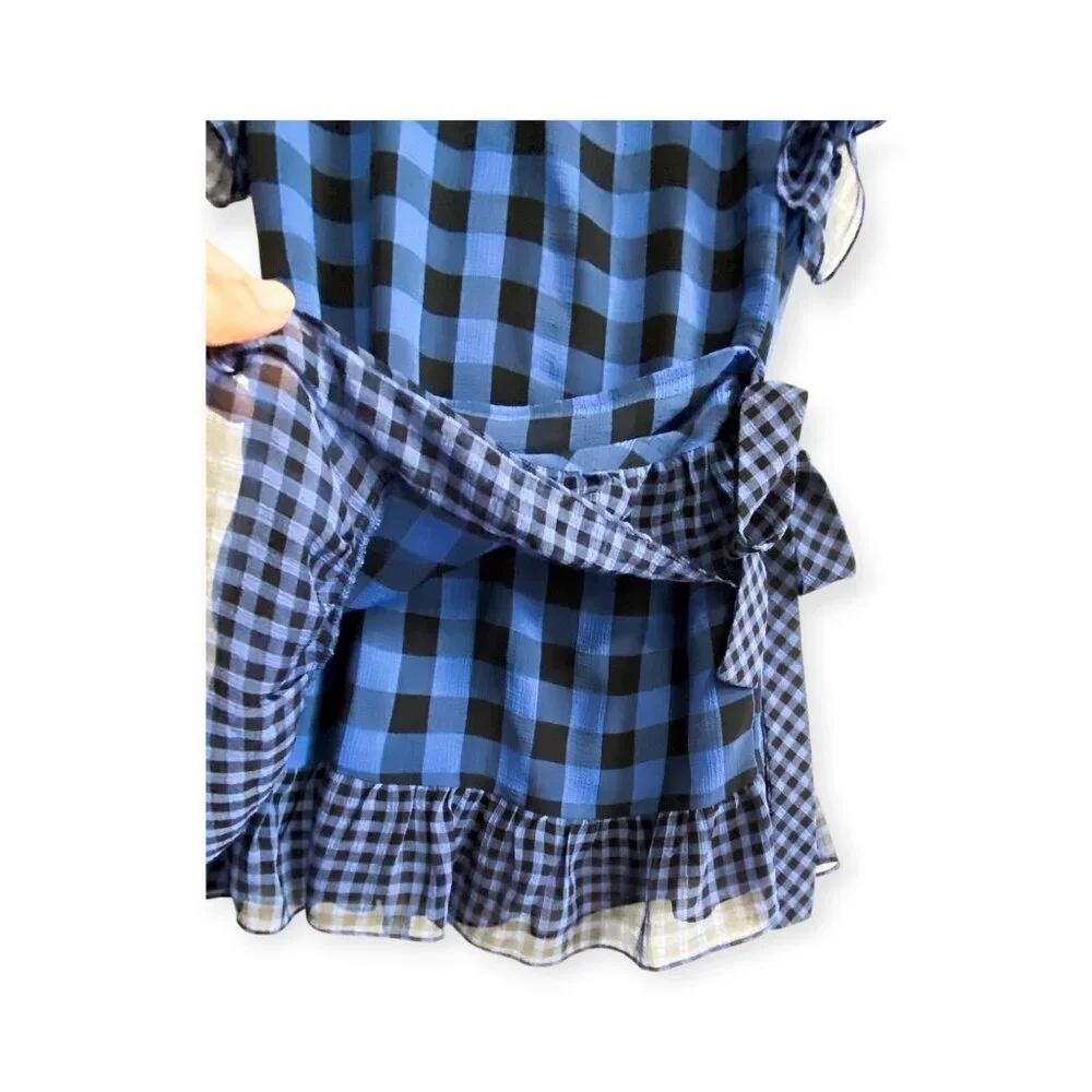 Tularosa Jenny Blue and Black Buffalo/gingham Plaid Wrap Mini Dress, Size M